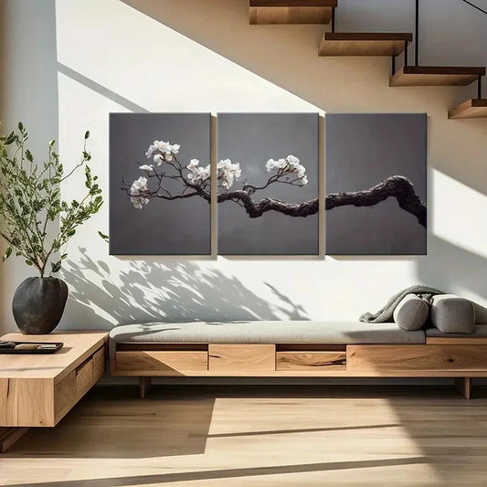 3pcs Elegant White Flowers Twisted Wood Texture Metal Print Ready to Hang Art