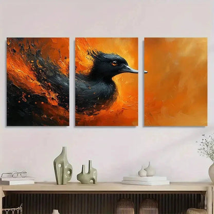 3pcs Angry Black Duck Abstract Vibrant Orange Metal Print Ready to Hang Art