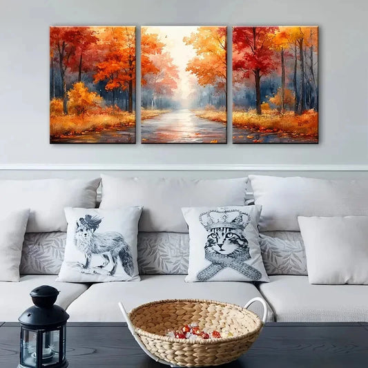 3pcs Watercolor Autumn Park Pathway Metal Print Ready to Hang Art