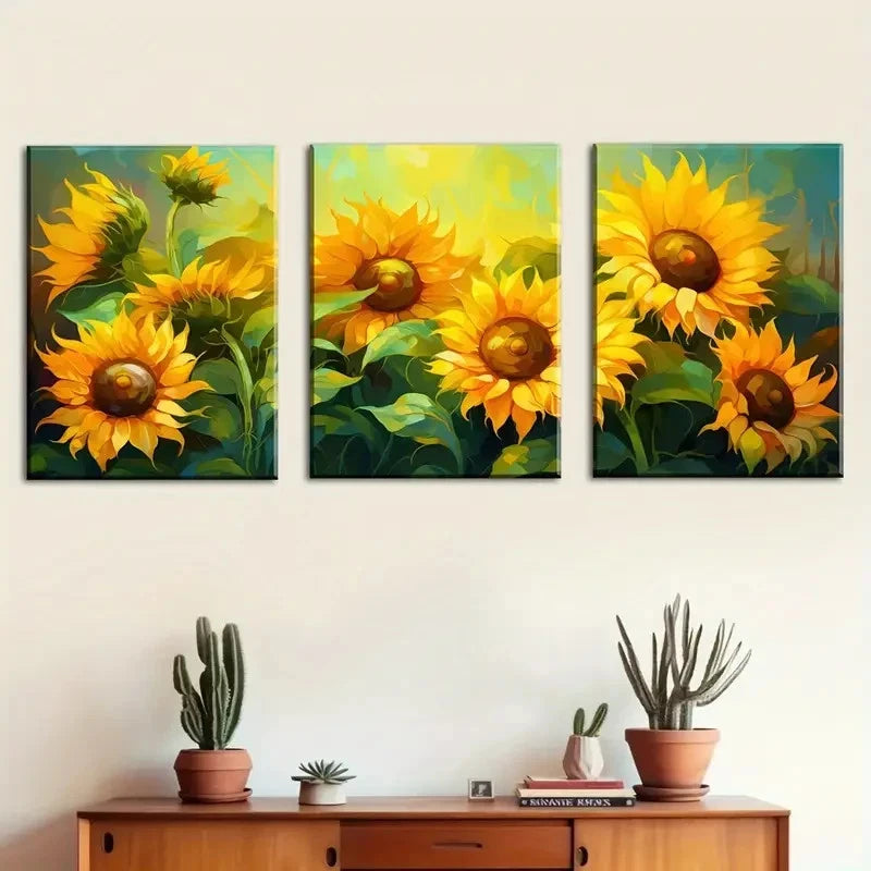 3pcs Vibrant Sunflowers Paintings Metal Print Ready to Hang Art