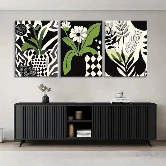 3pcs Green Black White Botanical Nature Perfect Wall Art Set Canvas Framed 60x90cm - High Quality Print 100% Australian Made Wall Canvas Ready to Hang