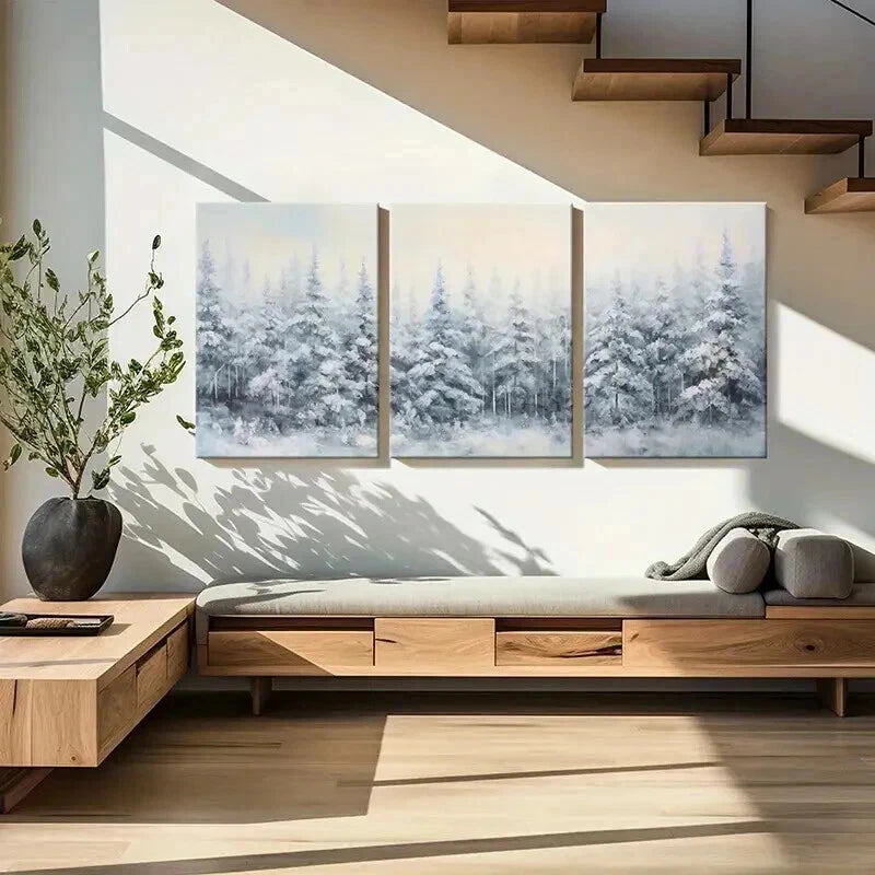 3pcs Winter Forest Snowy Trees Landscape Wall Art Set Canvas Framed 40x60cm - High Quality Print 100% Australian Made Wall Canvas Ready to Hang