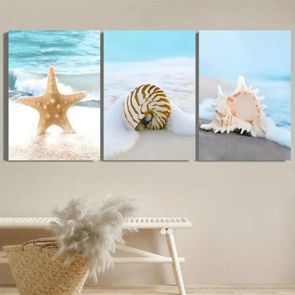 3pcs Blue Ocean Shell Painting Beautiful Beach Art Metal Print Ready to Hang Art