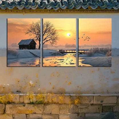 3pcs Vibrant Village after the Snow Metal Print Ready to Hang Art