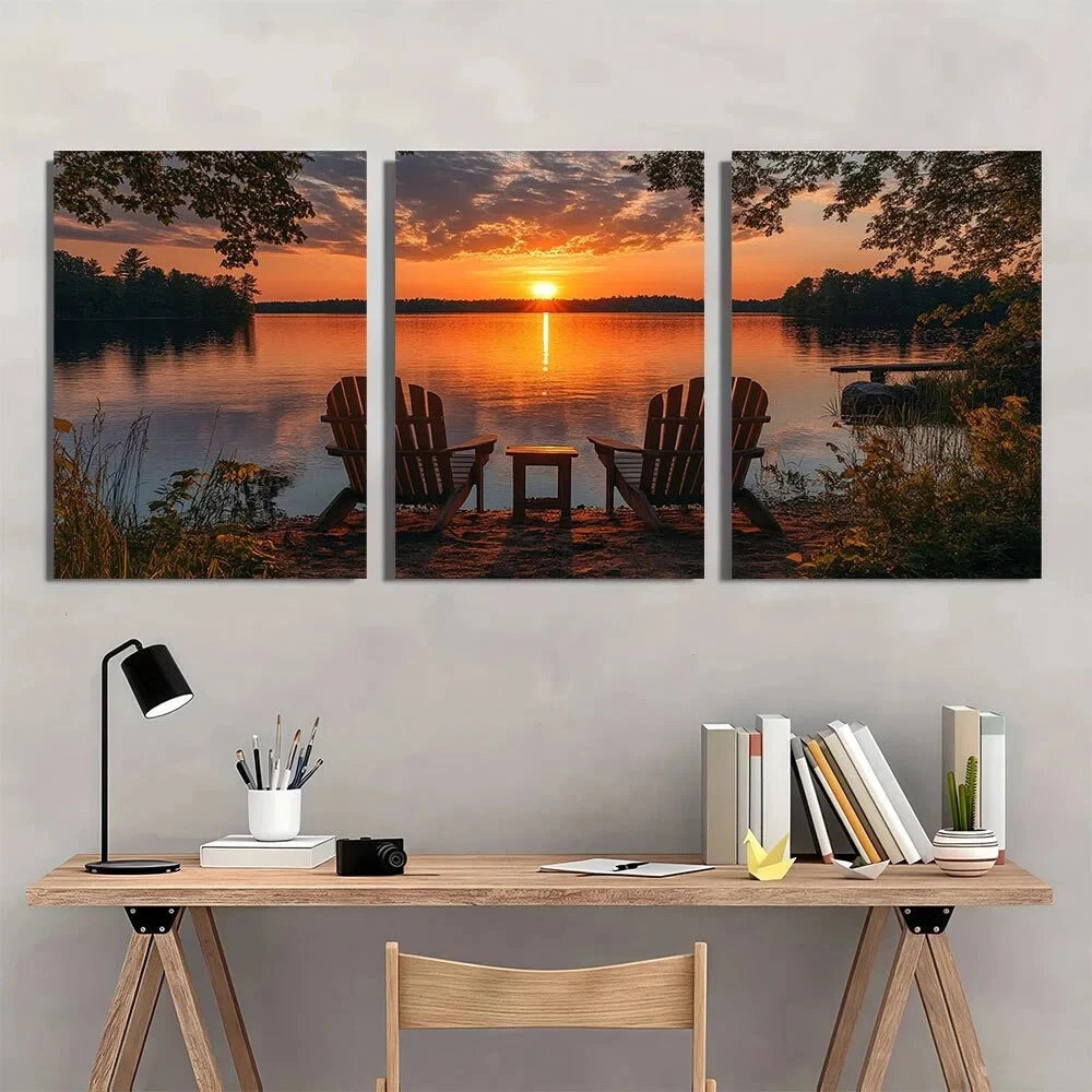 3pcs Lake House Sunset Themed Metal Print Ready to Hang Art