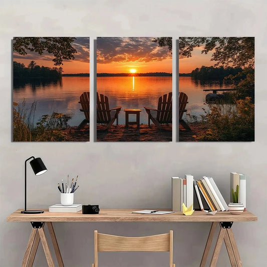 3pcs Lake House Sunset Themed Metal Print Ready to Hang Art
