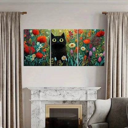3pcs Black Cat & Vibrant Flowers Canvas Poster Metal Print Ready to Hang Art