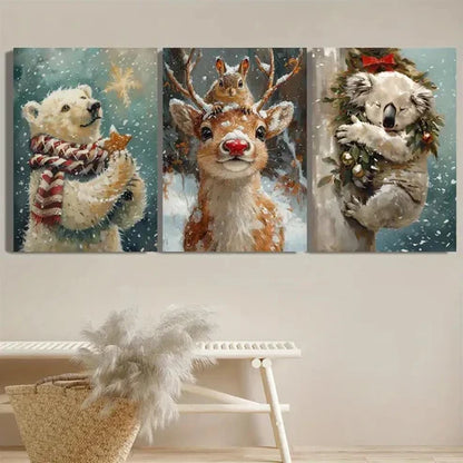 3pcs Cozy Winter Scene Bear, Deer & Koala Wall Art Set Canvas Unframed - High Quality Print 100% Australian Made Wall Canvas
