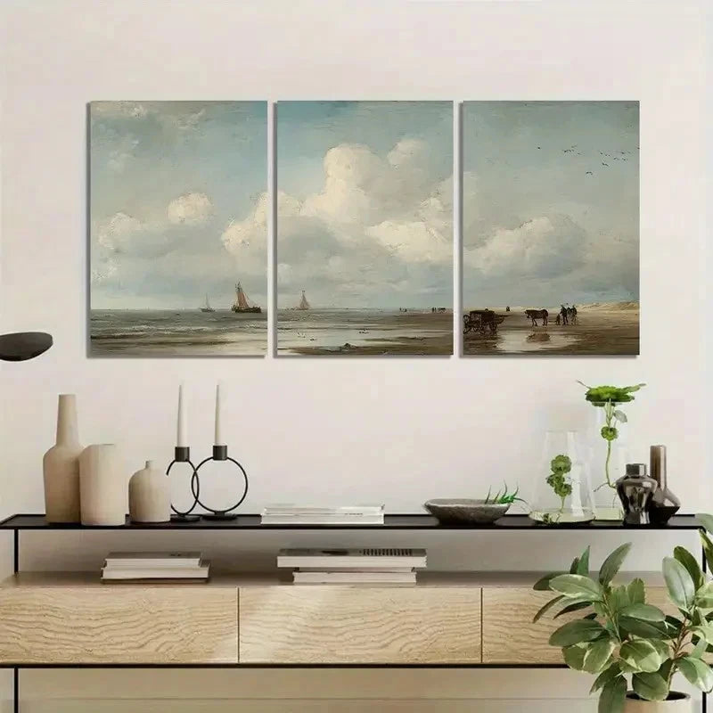 3pcs Dutch Coast with Fishing Boats Paintings Metal Print Ready to Hang Art