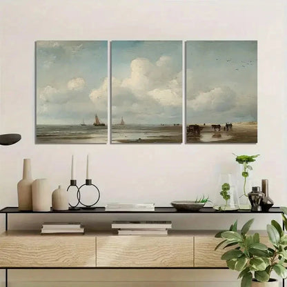 3pcs Dutch Coast with Fishing Boats Paintings Metal Print Ready to Hang Art