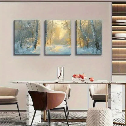 3pcs Golden Sunlight Winter Forest Landscape Metal Print Ready to Hang Art