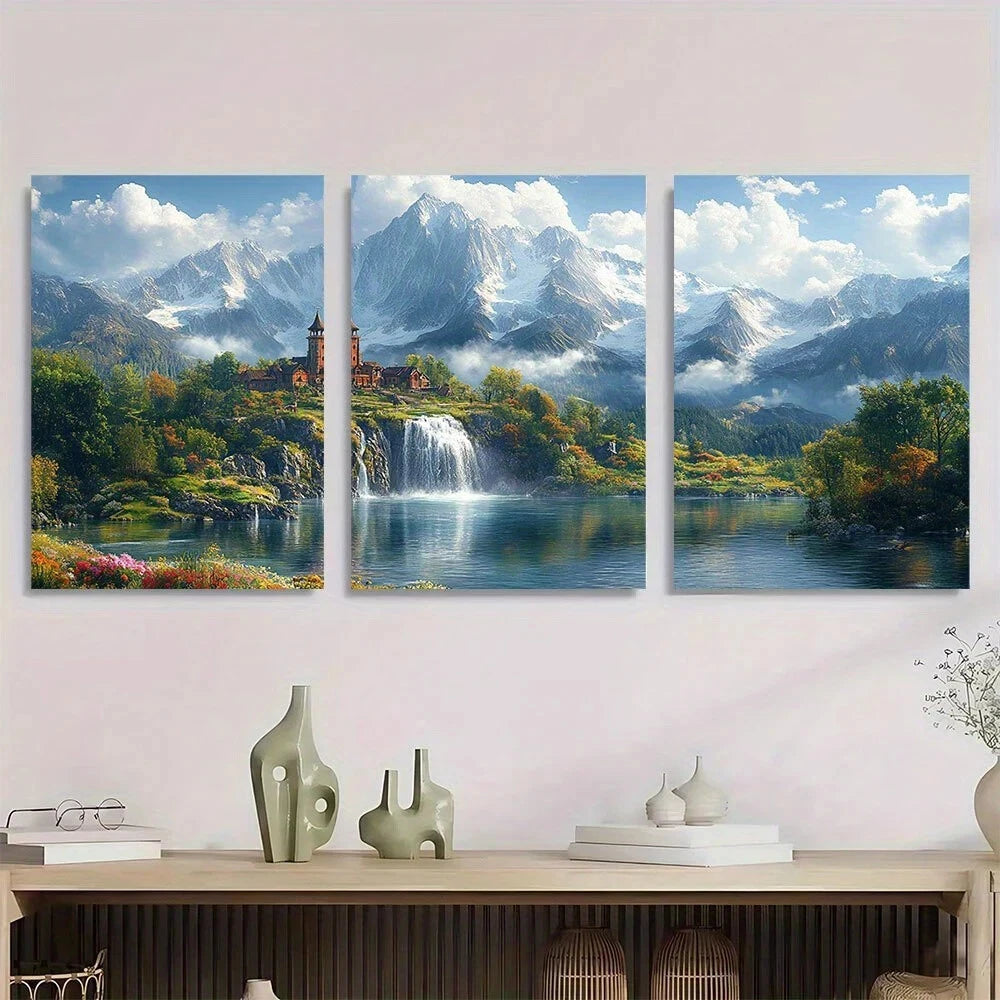 3pcs Scenic Mountain & Waterfall Metal Print Ready to Hang Art