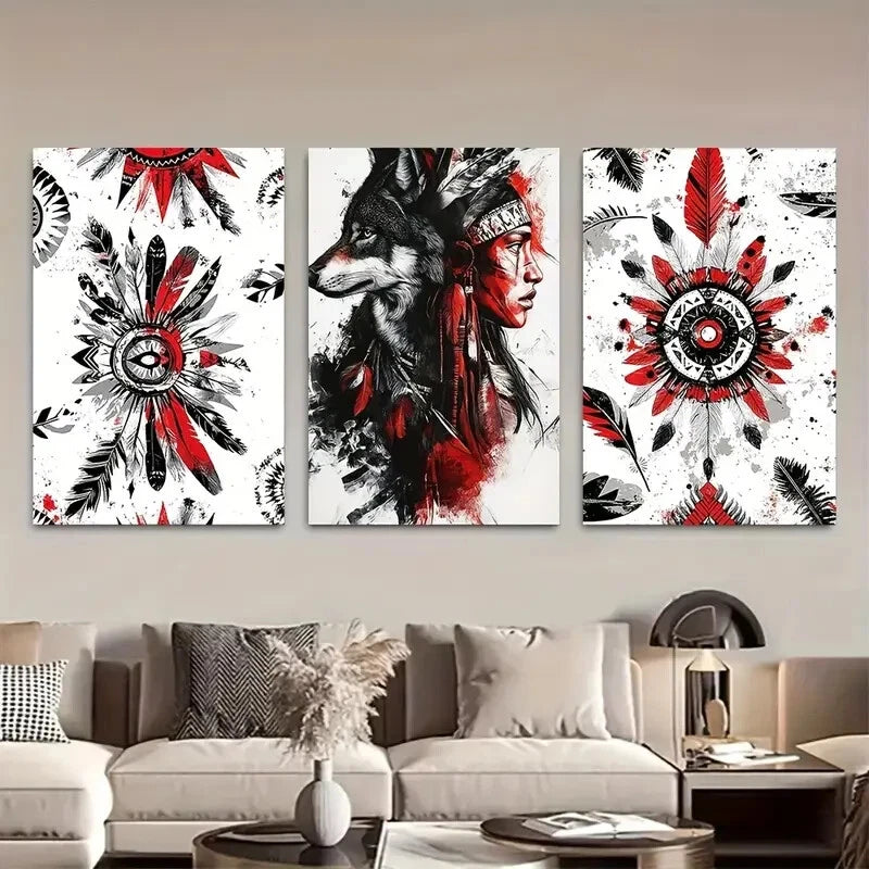 3pcs Native American Wolf & Feather Designs Metal Print Ready to Hang Art