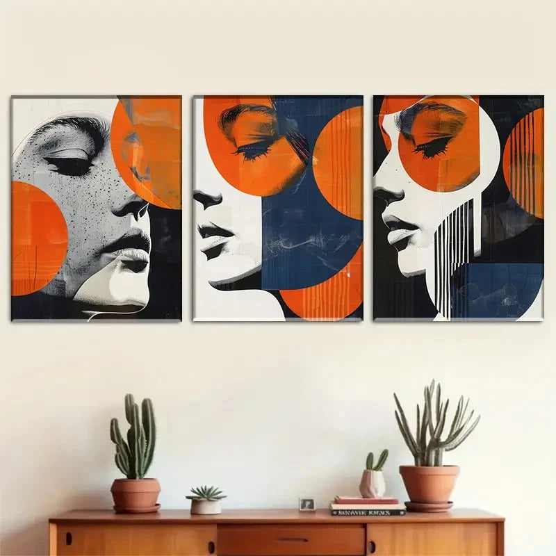 3pcs Female Figure with Geometric Elements Metal Print Ready to Hang Art
