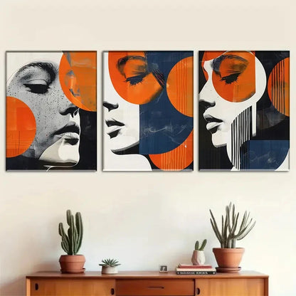 3pcs Female Figure with Geometric Elements Metal Print Ready to Hang Art