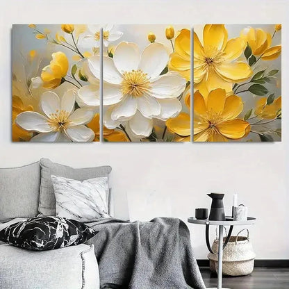 3pcs Vibrant Yellow and White Floral Metal Print Ready to Hang Art