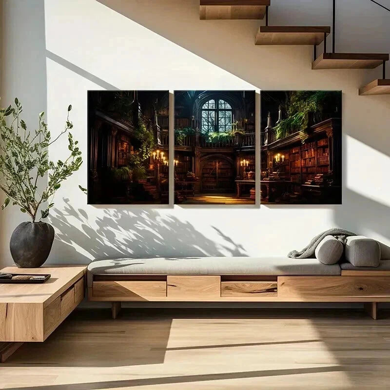 3pcs Gothic Library Bookshelves & Candles Wall Art Set Canvas Framed 40x60cm - High Quality Print 100% Australian Made Wall Canvas Ready to Hang