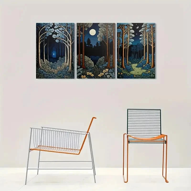 3pcs Enchanted Forest Night Moonlit Trees Metal Print Ready to Hang Art