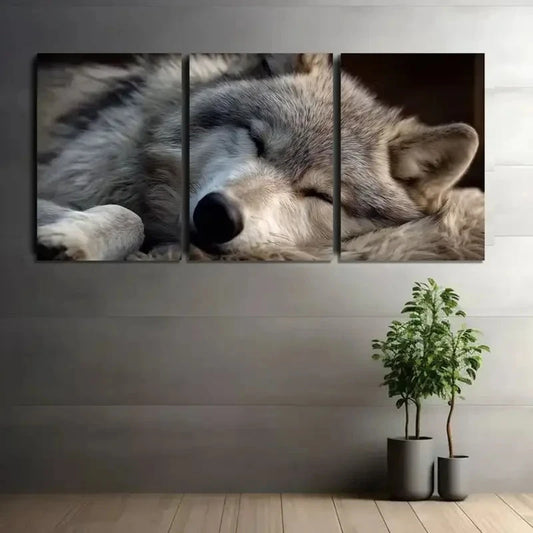 3pcs Gray Wolf Sleeping on Its Back Wall Art Metal Print Ready to Hang Art