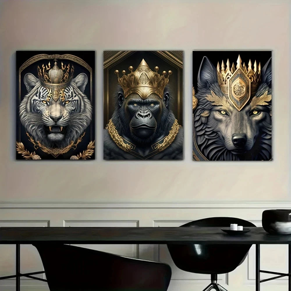 Three framed artworks of a tiger, gorilla, and wolf wearing crowns on a wall above a dining table.