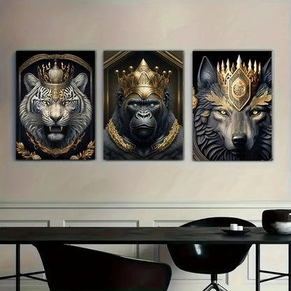 Three framed artworks of a tiger, gorilla, and wolf wearing crowns on a wall above a dining table.