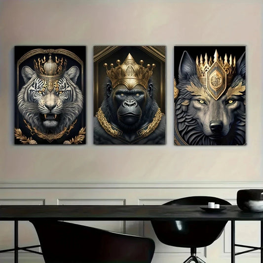 Three framed artworks of a tiger, gorilla, and wolf wearing crowns on a wall above a dining table.