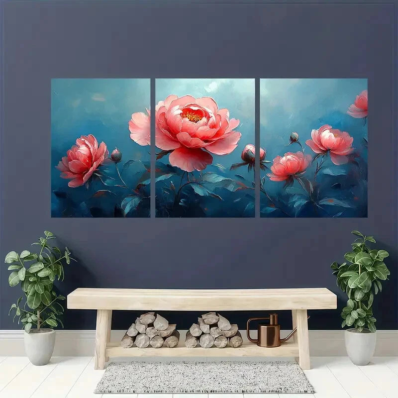 3pcs Elegant Peony Flower Pink & Blue Floral Metal Print Ready to Hang Art