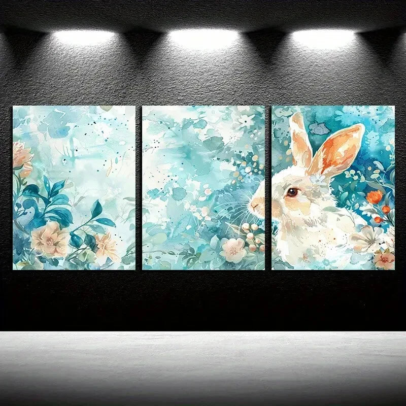 3pcs Floral & Rabbit Paintings Design Metal Print Ready to Hang Art