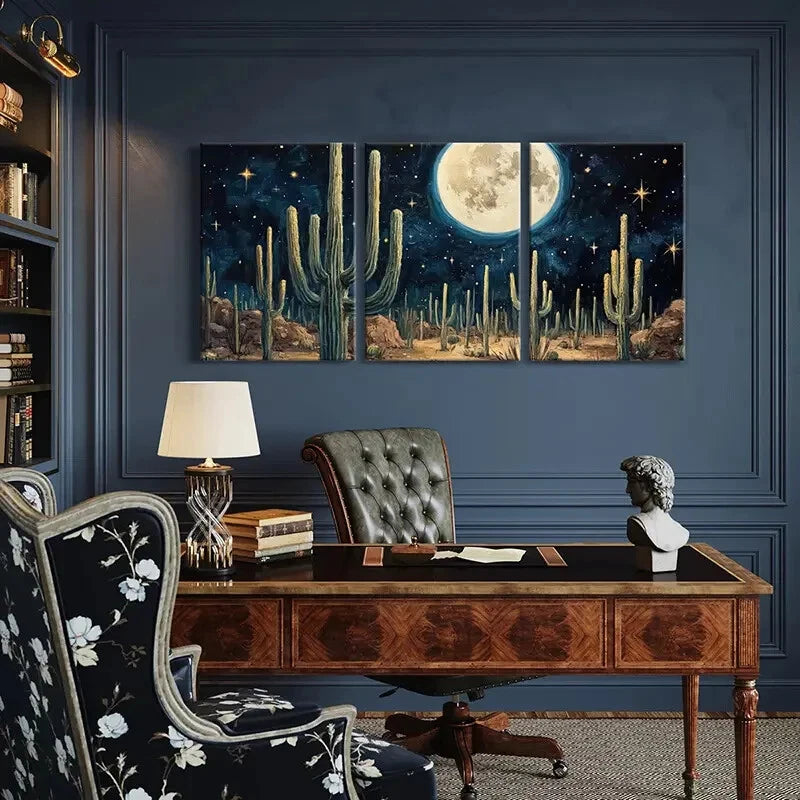 3pcs Moonlit Desert Cactus Night Sky Stars Metal Print Ready to Hang Art