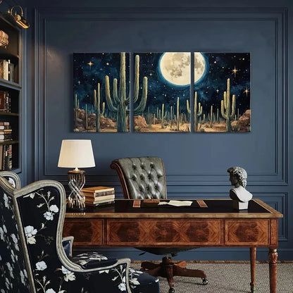 3pcs Moonlit Desert Cactus Night Sky Stars Metal Print Ready to Hang Art