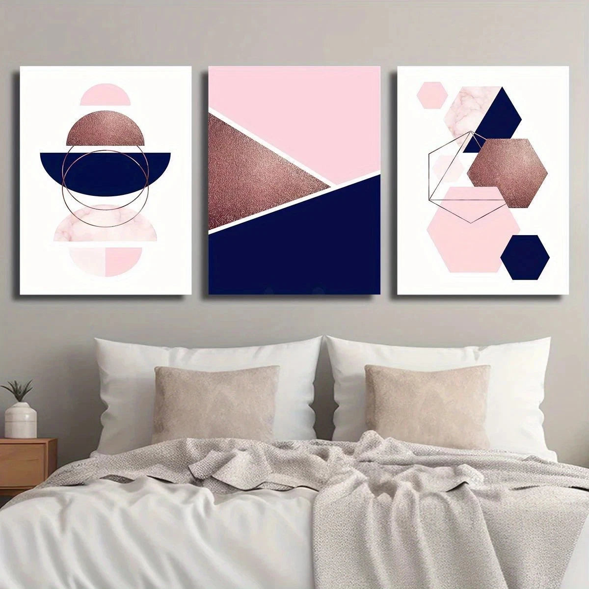 3pcs Modern Geometric Navy & Pink Abstract Designs Metal Print Ready to Hang Art