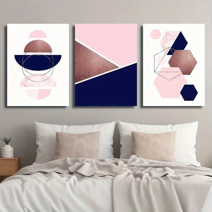 3pcs Modern Geometric Navy & Pink Abstract Designs Metal Print Ready to Hang Art