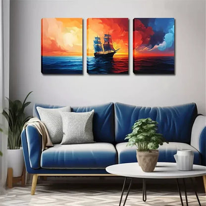 3pcs A Sailboat Sailing On The Sea Wall Art Canvas Unframed - High Quality Print 100% Australian Made Wall Canvas