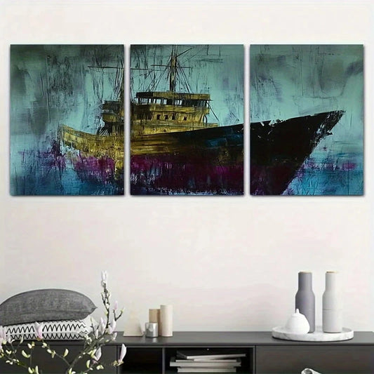 3pcs Sailboat Abstract Art Blue Green Tone Metal Print Ready to Hang Art