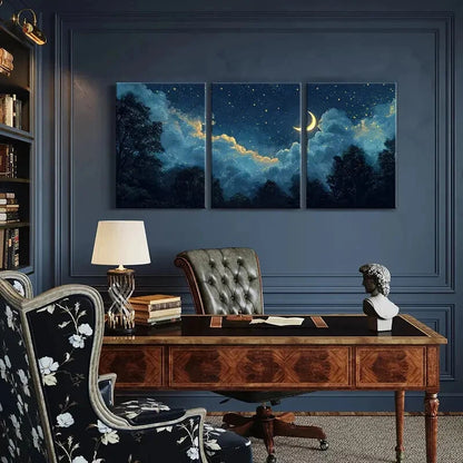 3pcs Moonlit Night Sky Starry Clouds Crescent Moon Metal Print Ready to Hang Art
