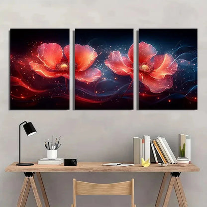 3pcs Vibrant Abstract Floral Red & Orange Metal Print Ready to Hang Art