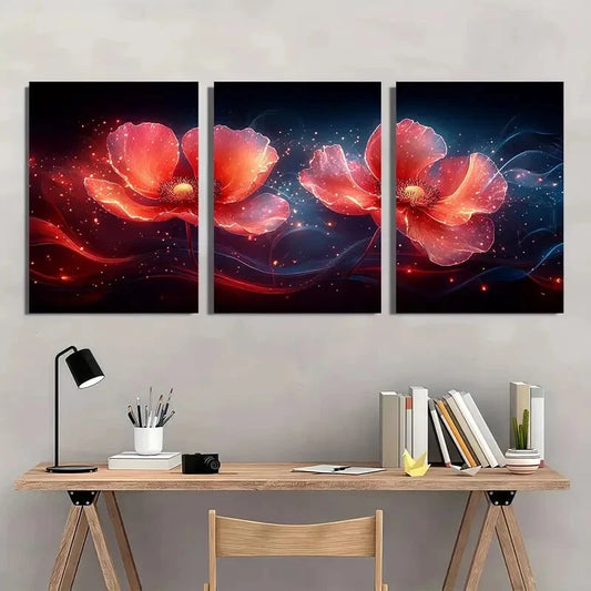 3pcs Vibrant Abstract Floral Red & Orange Metal Print Ready to Hang Art