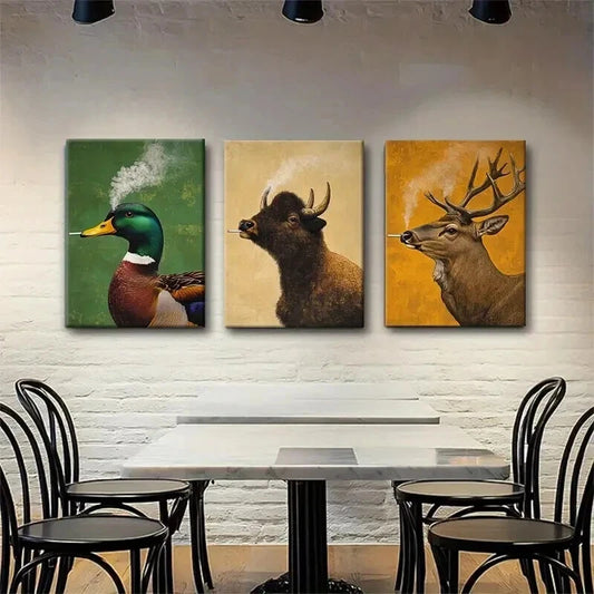 3pcs Vintage Animal Retro Style Triptych Perfect Wall Art Set Canvas Framed 40x60cm - High Quality Print 100% Australian Made Wall Canvas Ready to Hang