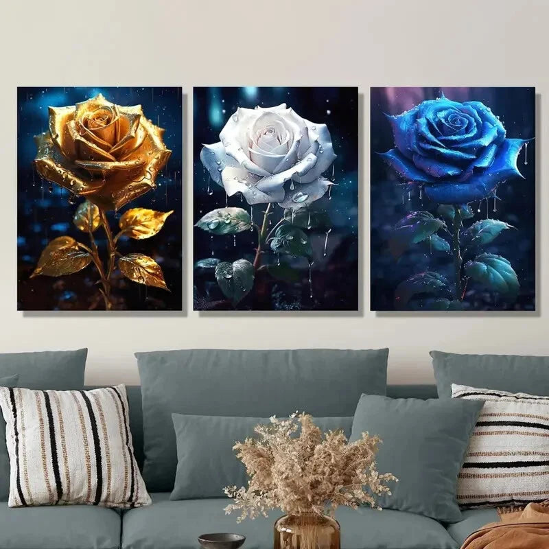 3pcs Rose Flower Art, Golden, White, Blue Metal Print Ready to Hang Art