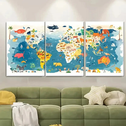 3pcs , Colorful Animal World Map Metal Print Ready to Hang Art
