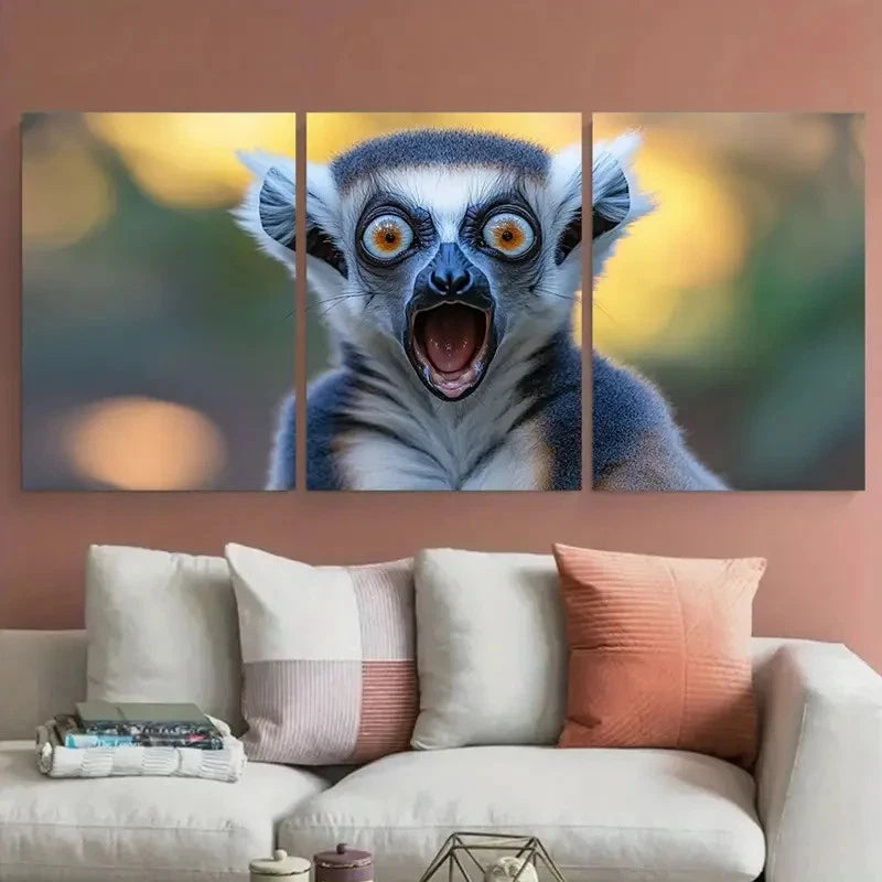 3pcs Shocked Ring Tailed Lemur Quirky Wildlife Wall Art Set Canvas Framed 40x60cm - High Quality Print 100% Australian Made Wall Canvas Ready to Hang