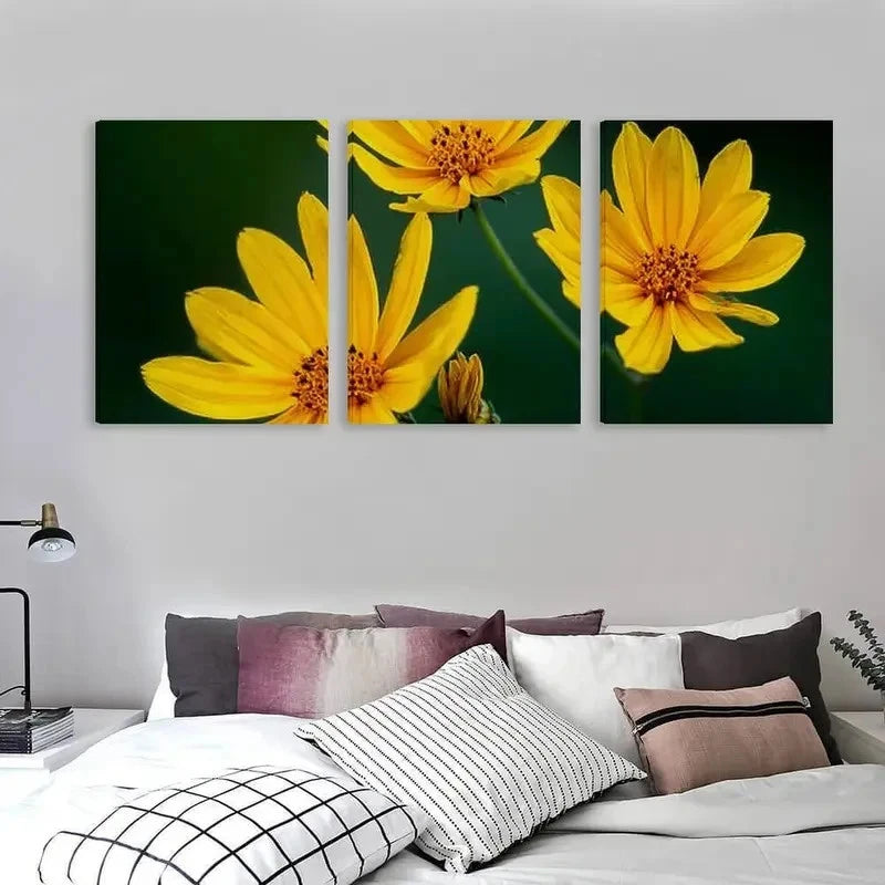 3pcs Mustard Yellow Flowers in Green Background Wall Art Set Canvas Framed 60x90cm - High Quality Print 100% Australian Made Wall Canvas Ready to Hang