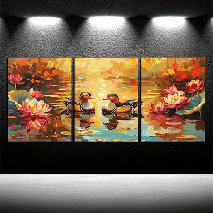 3pcs Mandarin Ducks Glide on The Babbling Water Metal Print Ready to Hang Art