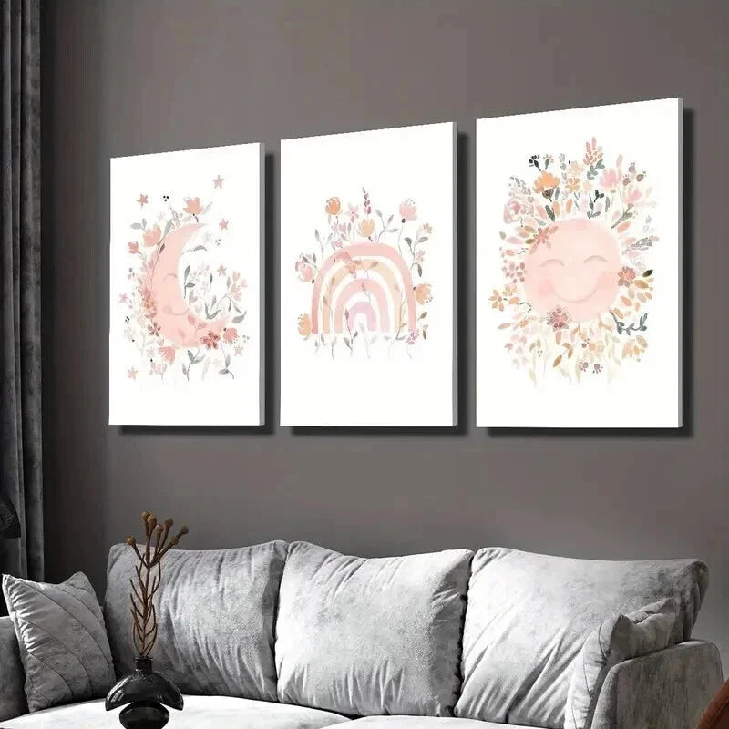3pcs Moon Rainbow Sun Full of Flowers Wall Art Set Canvas Framed 50x70cm - High Quality Print 100% Australian Made Wall Canvas Ready to Hang