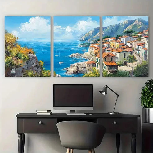 3pcs Coastal Town Mediterranean Seaside Wall Art Set Canvas Unframed - High Quality Print 100% Australian Made Wall Canvas