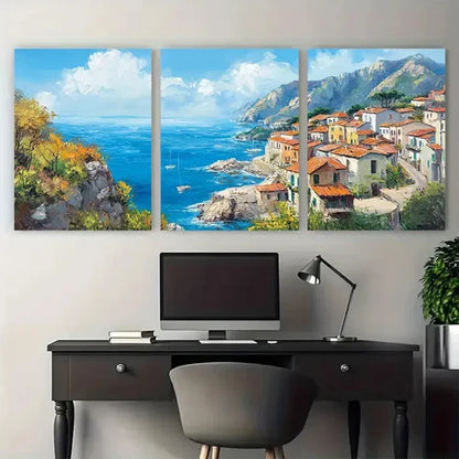 3pcs Coastal Town Mediterranean Seaside Wall Art Set Canvas Unframed - High Quality Print 100% Australian Made Wall Canvas