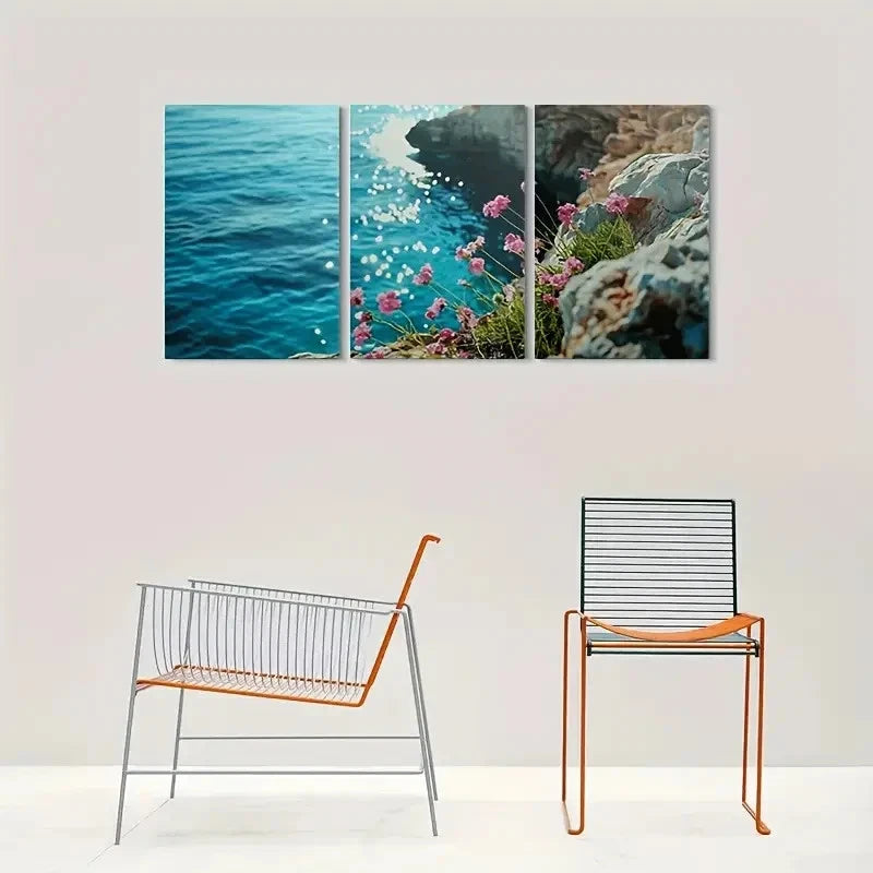 3pcs Ocean View Pink Flowers and Blue Sea Metal Print Ready to Hang Art