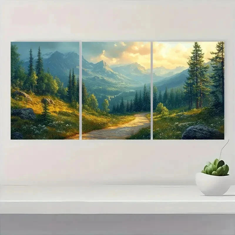 3pcs Forest Landscape with Mountain Path Metal Print Ready to Hang Art