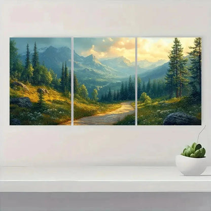 3pcs Forest Landscape with Mountain Path Metal Print Ready to Hang Art
