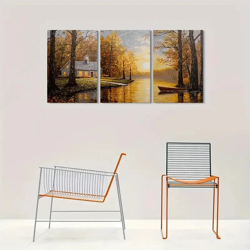 3pcs Autumn Serenity Lake with Boat Metal Print Ready to Hang Art